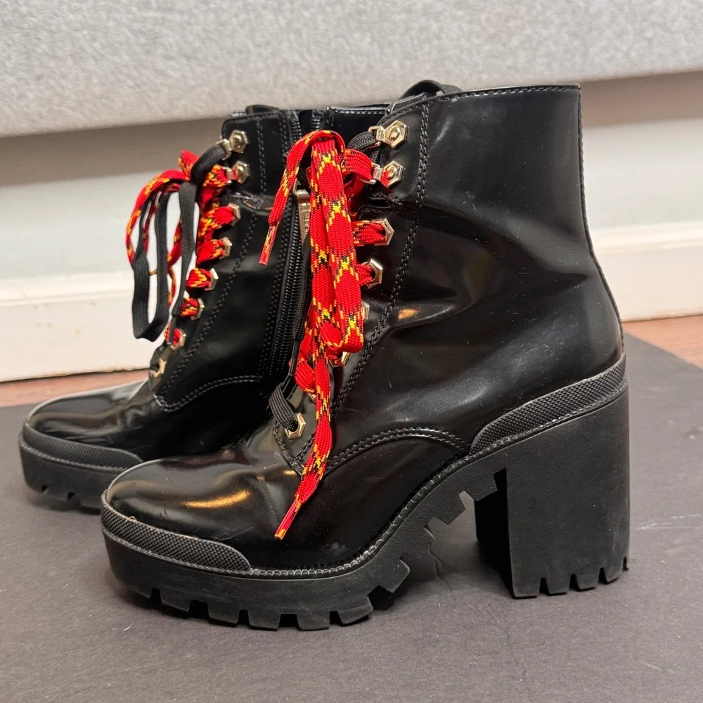 Bershka Combat‎ Boots Patent Leather Grungecore Platform Goth Chunky Heel 6.5 US